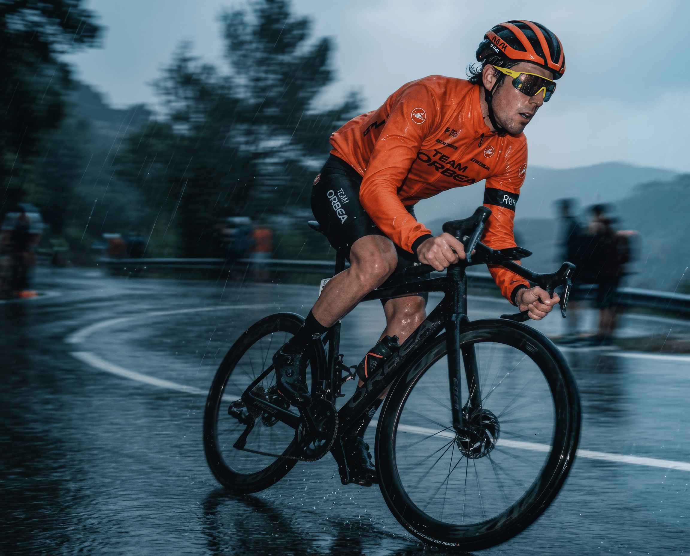 Cyclist in the rain wearing yellow Oakley sunglasses
